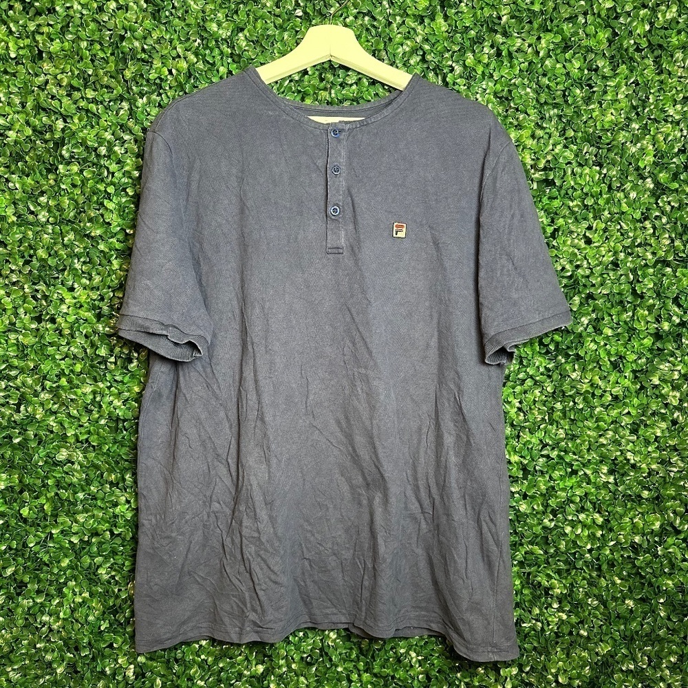 Vintage Navy Blue Fila Henley Polo Embroidered Stitched Logo Casual Wear XL
